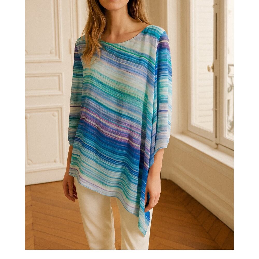 Chico's Blue Multi color Stripe Flowy Top Large
